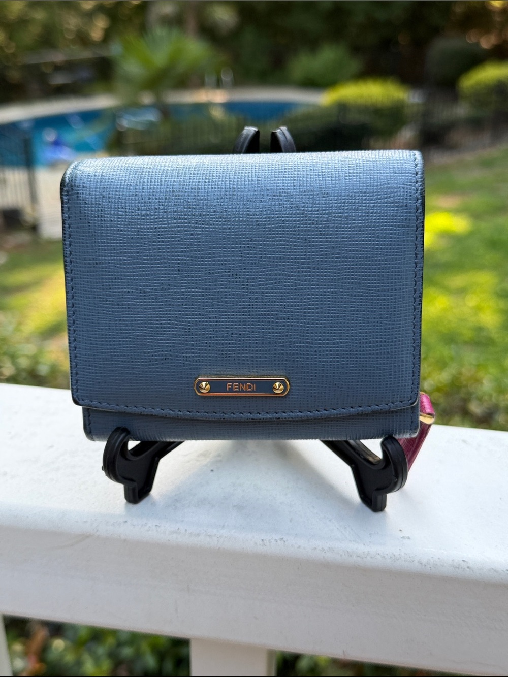 Fendi Authentic Textured Navy Leather Trifold Wallet with Gold Logo Plate - Picture 1 of 17
